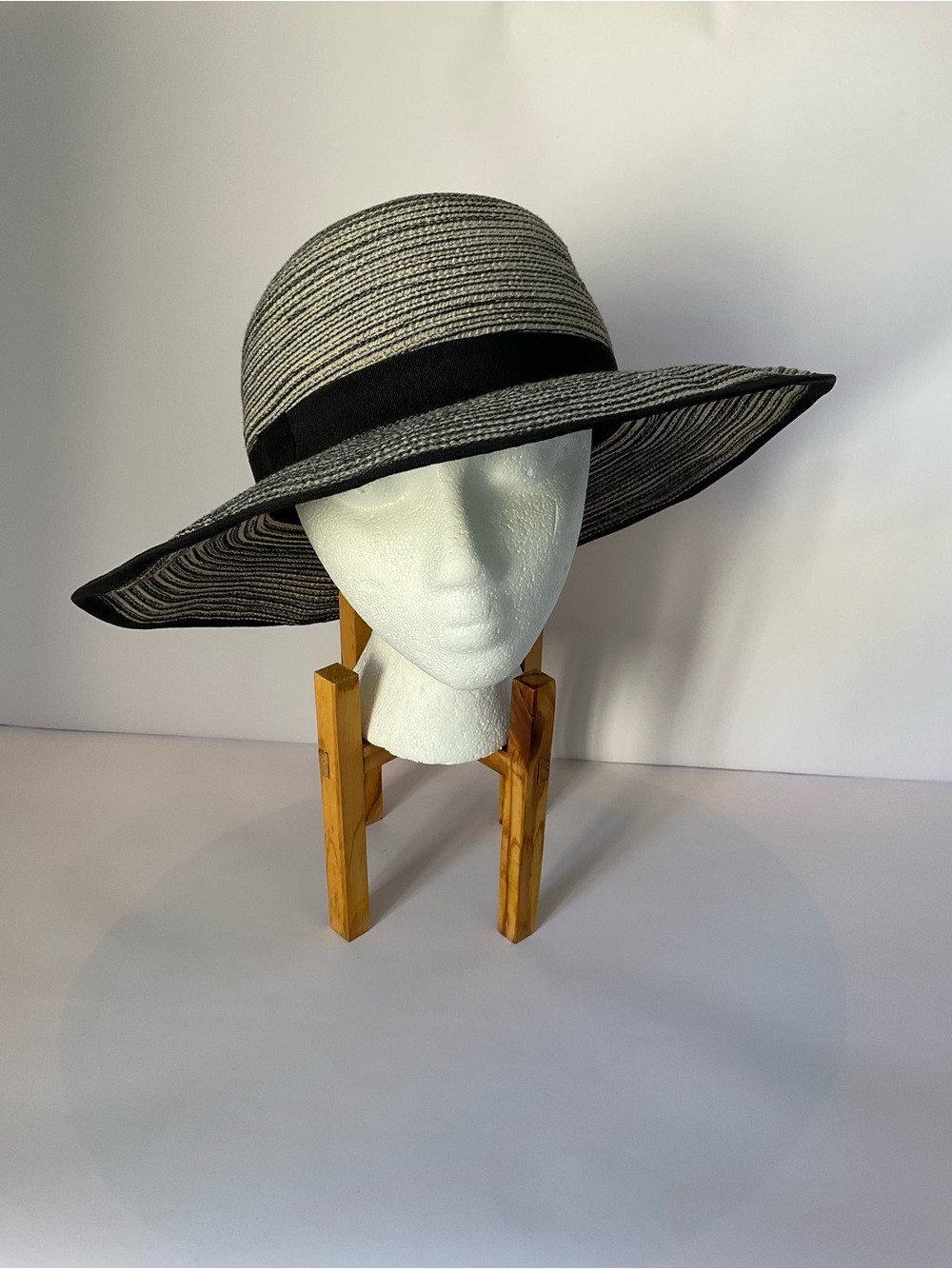 Women's Solar Escape Black and Gray Striped Wide Brim Sun Hat with Black Band